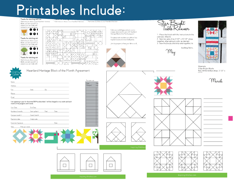 Here is a sneak peek of the special Heartland Heritage printables. Be sure to visit your local quilt shop and grab these pages. designed around the variety of blocks included in the calendar. 