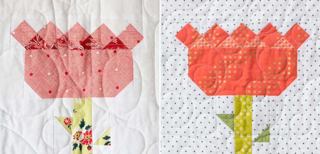 Stretch your quilting skills wth the Tulip Block from the Heartland Heritage Block of the Month pattern. This scrappy quilt from the gals at Inspiring Stitching is the perfect design for building your quilting skills. 